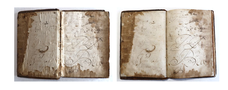 A l'esquerra, una imatge del llibre abans de la restauració i, a la dreta, després d'aquesta
