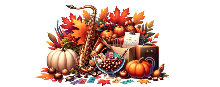 Vector design featuring autumnal items on a pristine white background, sized at 760x300 with the rest of the frame blank. The scene showcases vibrant leaves, plump pumpkins, and shiny chestnuts, harmoniously juxtaposed with modern elements like shopping bags and price tags. A beautifully crafted saxophone lies in the center, adding a touch of elegance. Adjacent to it, a clear bowl filled with lucky draw tickets captures attention. Nearby, a photo booth station, adorned with props such as glasses and hats, waits for attendees.